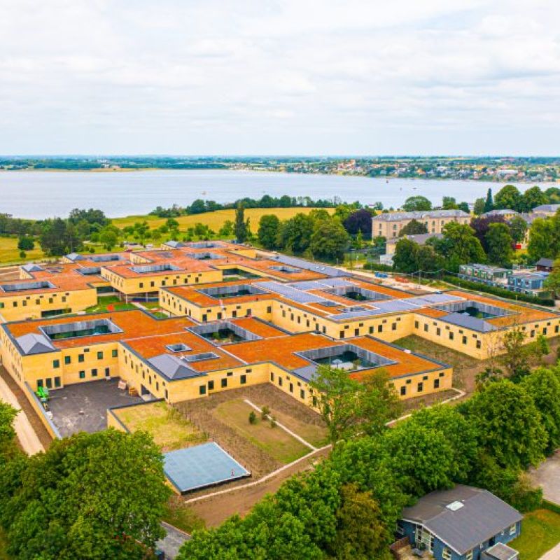 Sct. Hans i Roskilde med de røde sedumtage og udsigt til fjorden